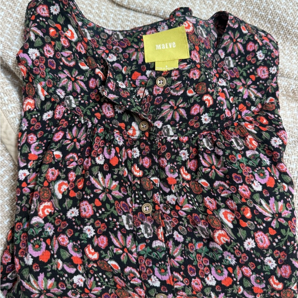 Maeve Black Floral Blouse with Red and Pink Accents